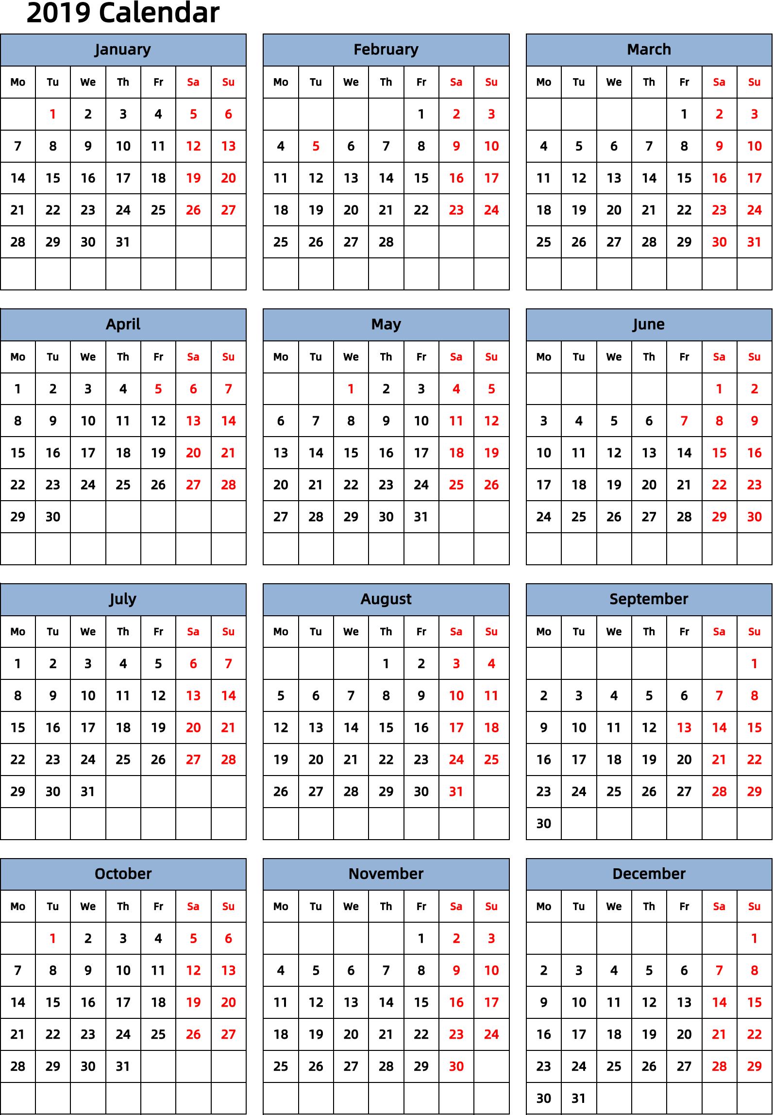 日历表2019年日历 英文版 纵向排版 周一开始 带节假日调休安排